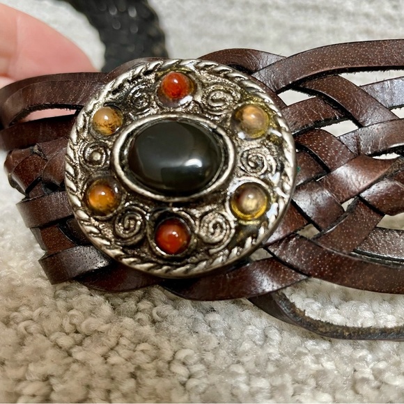 Vintage Dk Brown Braided Woven Concha's Stones Substantial Hardware Leather Belt - Picture 9 of 15